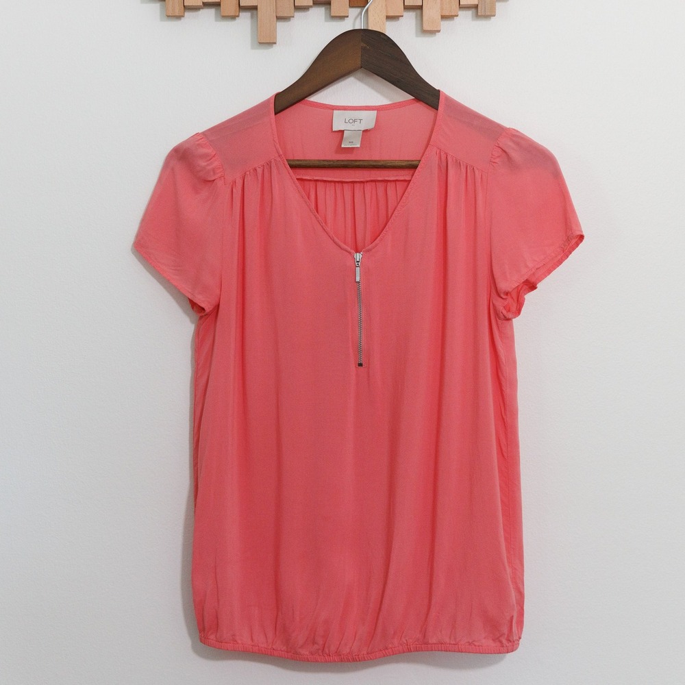 LOFT Ann Taylor Coral Pink Half Zip Short Sleeve Blouse Top XS